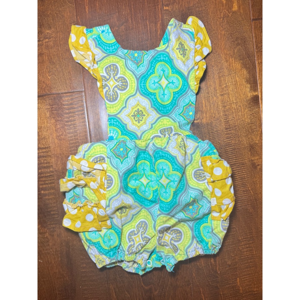 Baby Girls Teal Green Tile Print Ruffle Romper Mustard Polka Dot Flutter Sleeve